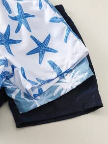 SHEIN 3件組小男孩休閒度假椰子樹與海星印花泳褲，夏季男孩泳裝 - 彩色 - 查看 6