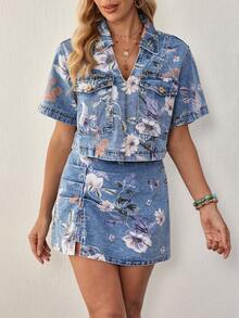 Breezaya Women's Floral Print Short Sleeve Top And Denim Skirt Set - Blue - View 8