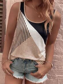 EMERY ROSE CURVE Fashionable New Retro Casual Basic U-Neck Striped Colorblock Tank Top - Multicolor - View 4