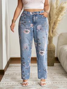 SHEIN Holidaya Plus Size Women's Floral Pattern Patch Pocket Casual Traditional Loose Fit Jeans Brunch Formal Blue And White Summer - Blue - View 3