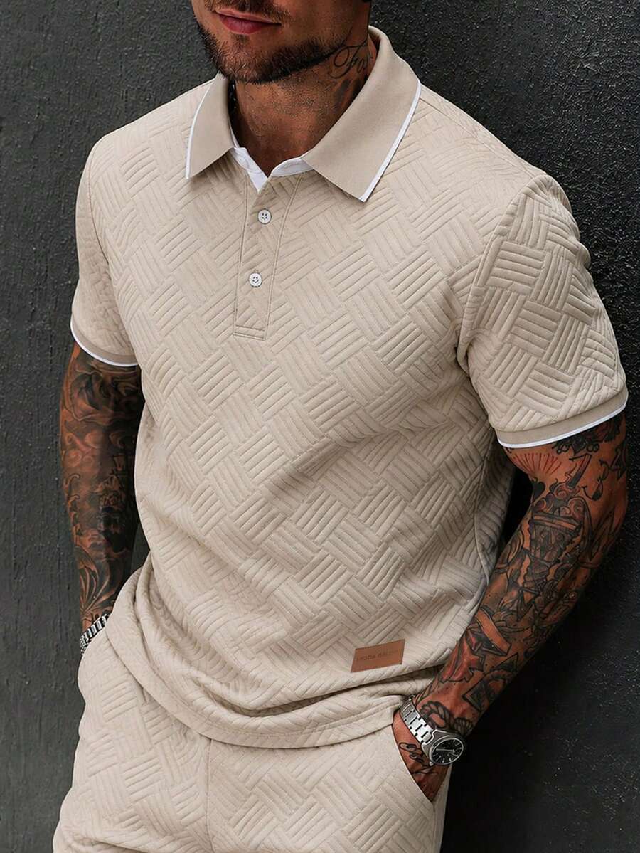 EGENSIO Men's Knitted Jacquard Textured 3-Button Polo Shirt, Formal, Ceremony - Apricot - View 1