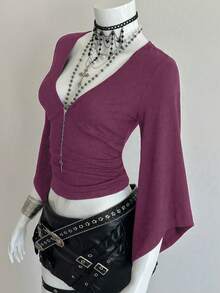EgrlEra Deep V-Neck Sexy Mid-Length Sleeve Fitted T-Shirt - Red Violet - View 5