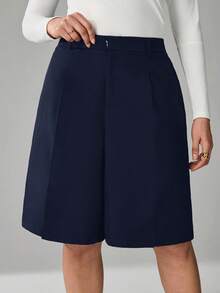 SHEIN Tall CURVE Pantalones cortos casuales de unicolor para tallas grandes en verano - Azul Marino - Ver 3