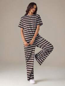 SHEIN Tall Colorful Striped Knit Casual Women's Set - Multicolor - View 6