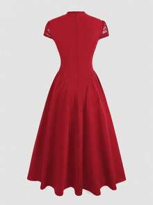 Teen Girl Spring/Summer Elegant Lace Patchwork Long Dress, Dress, Stand Collar Short Sleeve Cinched Waist Ruched Full Skirt Dress, - Burgundy - View 2