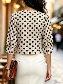 SHEIN LUNE Blusa de mujer de verano con cuello en V, mangas abullonadas, lunares, cintura ceñida, estilo francés romántico para la hora del té - Albaricoque - Ver 2