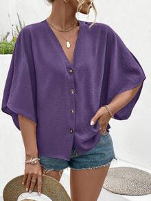 Ceyna Women's Plus Size Elegant Solid Color Textured Jacquard Fabric V-Neck Cap Sleeve Button Decor Beach Vacation Shirt 2025 Spring/Summer New Versatile - Purple - View 5