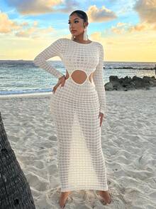 SHEIN SXY 海灘女性性感連衣裙沙灘服海灘女裝海灘度假女裝透視杏色長款沙灘裙 - 杏色 - 查看 4