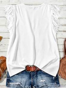 EMERY ROSE Plus Size Lace Patchwork V-Neck Button Decor Shirt Suitable For Summer Wear - White - View 2
