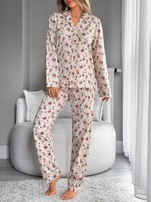 SHEIN 女款 2 件組 白色杏色鈕扣前開花卉圖案可愛家居睡衣套裝 - 杏色 - 查看 6