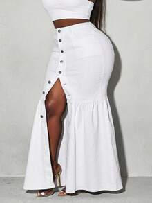 Slaydiva Falda vaquera ajustada de talla grande para mujer con botones y volantes en el bajo de unicolor - Blanco - Ver 5