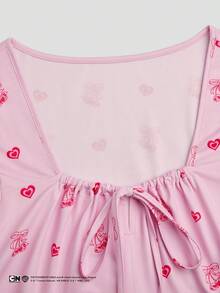 Sweetra THE POWERPUFF GIRLS X SHEIN Damen Rosa Herz Kirsch Muster Kordelzug Crop Top, sexy süßer Mädchenstil, geeignet für Date/Straße/Pendeln, schlankmachendes Taillen-betonendes Puffärmel T-Shirt - Pink - Übersicht 7