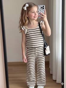 Elladie kids 2pcs Girls Striped Jacquard Knit Square Neck Fitted T-Shirt And Pants Set, Suitable For Casual, Vacation, Summer Wear. Girls 2pcs Set, Ribbed Set, Summer 2pcs Set, Kids 2pcs Set, Toddler 2pcs Set, Preppy Style 2pcs Set, Girls Set, Outdoor Clothing - Black - View 7