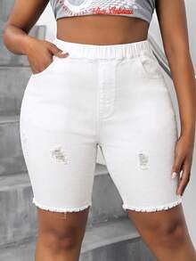 SHEIN SXY Celana Pendek Denim Wanita Ukuran Besar dengan Pinggang Elastis untuk Musim Panas - Putih - View 7