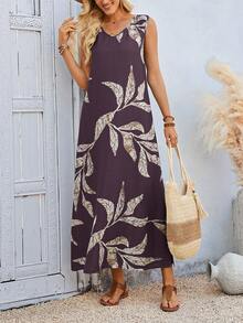 EMERY ROSE Casual Boho Leaf Pattern V-Neck Long Women's Dress Suitable For Spring And Summer Vacation Dark Purple - Brown - View 4
