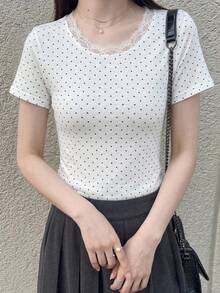 Dazy Tall 女款高個長袖圓點蕾絲拼接休閒T恤，適合高個女孩 - 黑與白 - 查看 2