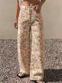 DAZY Women's Regular Waistline Decorative Loose Banana Leg Long Pants Urban Casual Denim Jeans - Beige - View 5
