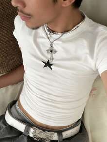 Resyla Men 男士修身版型小星星印花休閒街頭風圖案 T-shirt，百搭街頭風圖案設計，日常優雅，適合電音派對、夜店，白色夏季款 - 灰色 - 查看 4