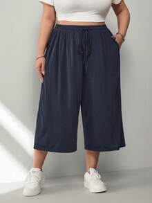 SHEIN CURVE+ Plus Size Women's Navy Blue Lightweight Ice Silk Knit Ribbed Casual Pants, With Pockets, Drawstring Waist, Loose Fit, Suitable For Summer Hiking - Navy Blue - View 3