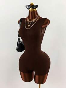 Amplova Women's Solid Color Round Neck Casual Tank Top Style Fitted Romper - Brown - View 4