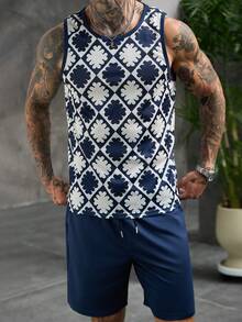 Manfinity Homme Conjunto de camiseta de tirantes y pantalones cortos con estampado geométrico integral casual y fresco para hombre, estilo de verano, vacaciones - Multicolor - Ver 8