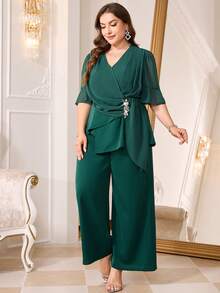 Reflora Conjunto de dos piezas de camisa y pantalones con decoración de diamantes de imitación elegante para fiesta de talla grande - Verde - Ver 7