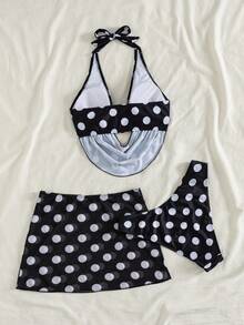 Bonvoyette Bộ bikini nữ họa tiết chấm bi cổ bèo trang trí kim loại kèm chân váy ôm body cover-up, 3 món, đồ bơi thanh lịch phong cách casual cho kỳ nghỉ hè đi biển - Đen và trắng - Xem 6