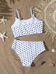 SHEIN Tween Girls Bikini Sets, This Is A Two Pieces Casual Swimsuit For Girls, Made Of Brown Striped Digitally Printed Polyester Fabric With A Triangle Bottom Design. It's A Stylish And Casual Swimsuit, Perfect For Girls' Summer Vacations And Swimming. Suitable For Vacation, Beach, Seaside, Summer, Spring Break, Summer Vacation - White - View 2