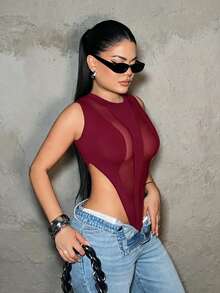 SHEIN SXY 酒紅色網格拼接性感透視連身衣，適合夜店外出的夏季穿搭 - 酒紅色 - 查看 7
