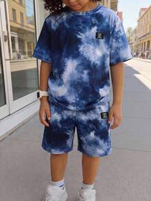 SHEIN 2pcs/Set Tween Boy Casual Tie-Dye Short Sleeve T-Shirt And Shorts Set, Suitable For Commuting, School, Daily Casual Wear, Sports, Spring/Summer - Grey - View 2