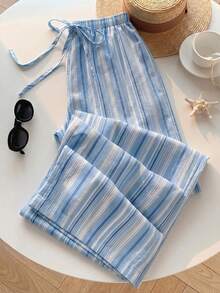 SHEIN EZwear 女款休閒腰部繫帶直筒長褲，適合夏季 - 淺藍色 - 查看 8
