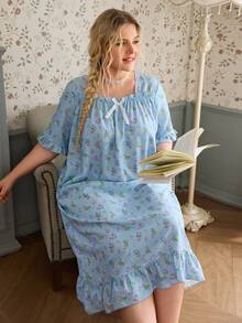 CottageSlumber Plus Size Women's Romantic Ditsy Floral Square Neck Short Sleeve Ruffle Patchwork Maxi Nightgown - Blue - View 3