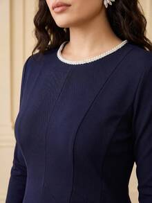 ZEYLAH Elegant Round Neck Pearl Decor Long Sleeve Fit & Flare Dress, Spring/Summer Fall - Navy Blue - View 2