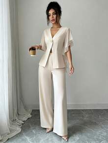 Selianne Summer French Elegant Exquisite V-Neck Casual Commute Chiffon Ruffle Sleeve Exaggerated Metal Button Decor Jacket And Long Pants 2pcs Set Office White - Apricot - View 3