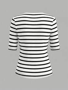 EMERY ROSE Women's Striped Contrast Color Round Neck T-Shirt, Fashionable & Versatile - White - View 2