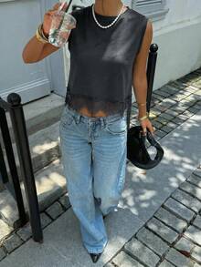 Siren Gaze Spring/Summer New Solid Color Lace Patchwork Tank Top - Dark Grey - View 4