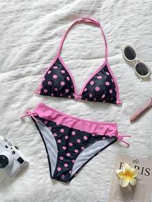 SHEIN 青少年女孩純色極簡波點細肩帶比基尼套裝，休閒海灘度假穿搭，夏季海灘，時尚新風格 - 彩色 - 查看 7