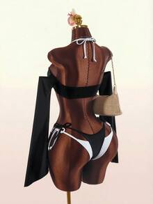 Amplova Women's Long Sleeve Color Block Swimwear, Sexy Avant-Garde Style, Suitable For Vacation And Beach Party Wear, 2 In 1 Detail Summer Black - Black and White - View 2