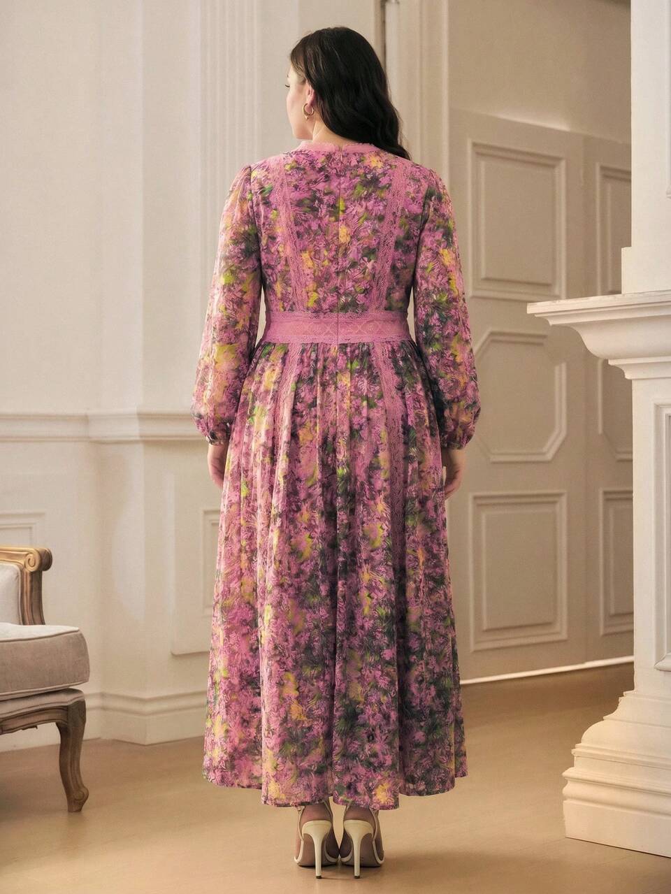 Women's New Plus Size Long Sleeve Chiffon Pink Elegant Long A-Line Flared Lace Dress, Elegant Party Dress For Women, Casual Outing Dress, Spring/Summer V-Neck Floral Print Dress
