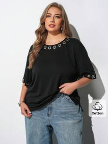 Maija تي شيرت أسود فضفاض كاجوال بياقة دائرية وأكمام قصيرة مقاس كبير، ملابس منتجع حديثة رسمية هادئة عتيقة فاخرة لرحلات الكروز، خريف هالوين - الأسود - مشاهدة 6
