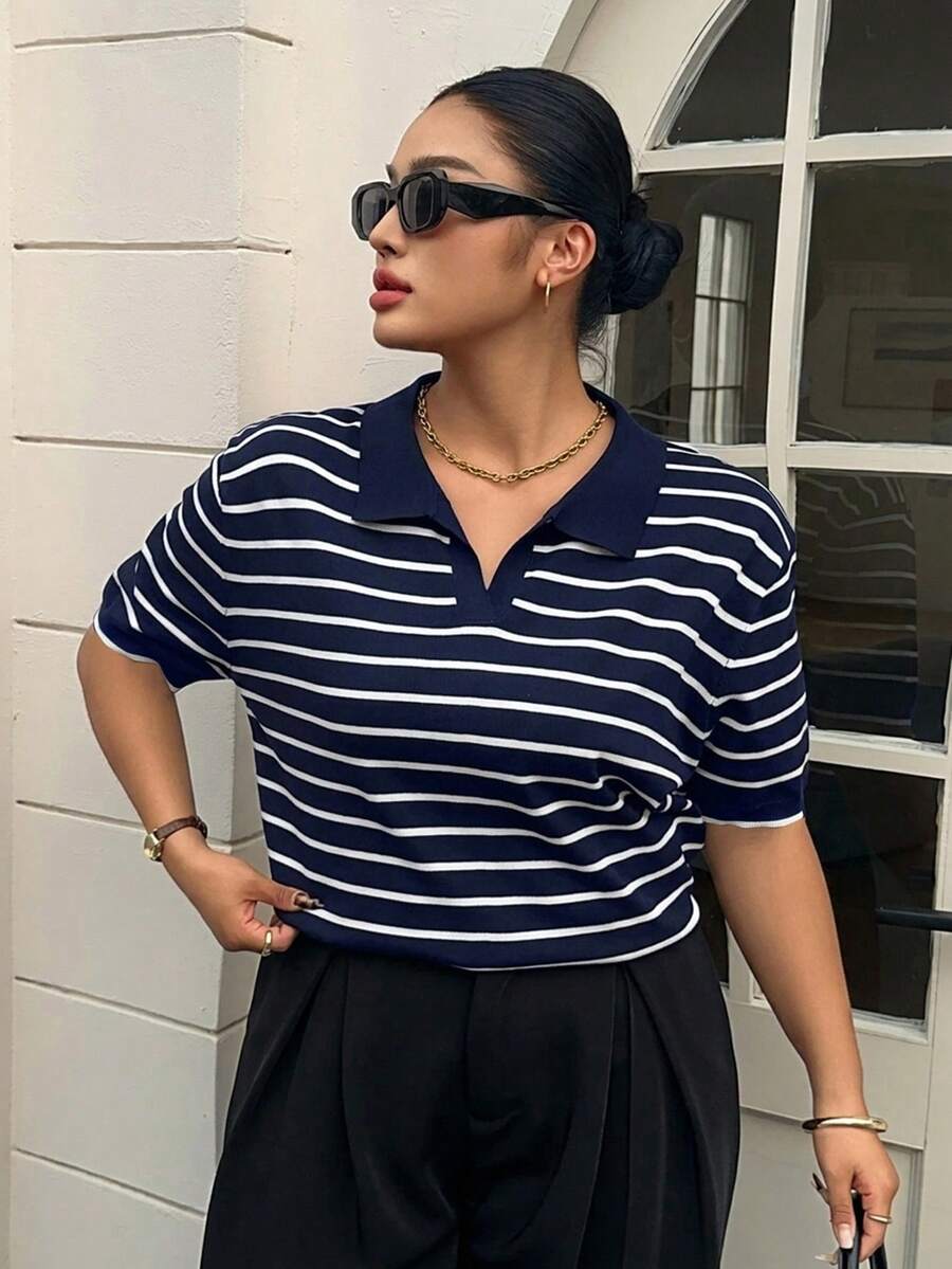 Dazy Plus Fun & Chic Commuter Colorblock Patchwork Polo Collar Casual Short Sleeve Plus Size Women Spring Summer Knit Top - Navy Blue - View 1