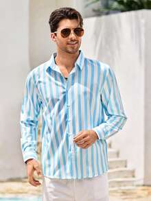 Mercer Haus Men's Light Blue Striped Collar Long Sleeve Polyester Shirt, Casual, Button, Button Front, Ribbed, Spring/Fall, Button Down Shirt, Comfortable Gift For Father/ Husband - Baby Blue - View 5