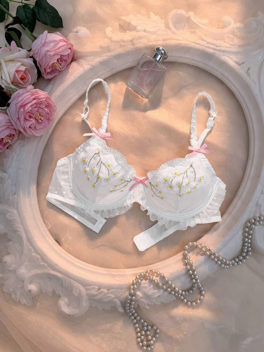 Crystal Vow 1pc Women's Romantic Ruffle Trim Thin Lining Underwire Push-Up Sexy Single Bra With Adjustable Shoulder Straps - White - View 1