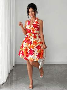 Elenzga Plus Size Casual Dopamine Ditsy Floral V-Neck Tie-Up Sleeveless Maxi Dress, Suitable For Beach, Vacation, And Summer Dates - Coral Orange - View 5