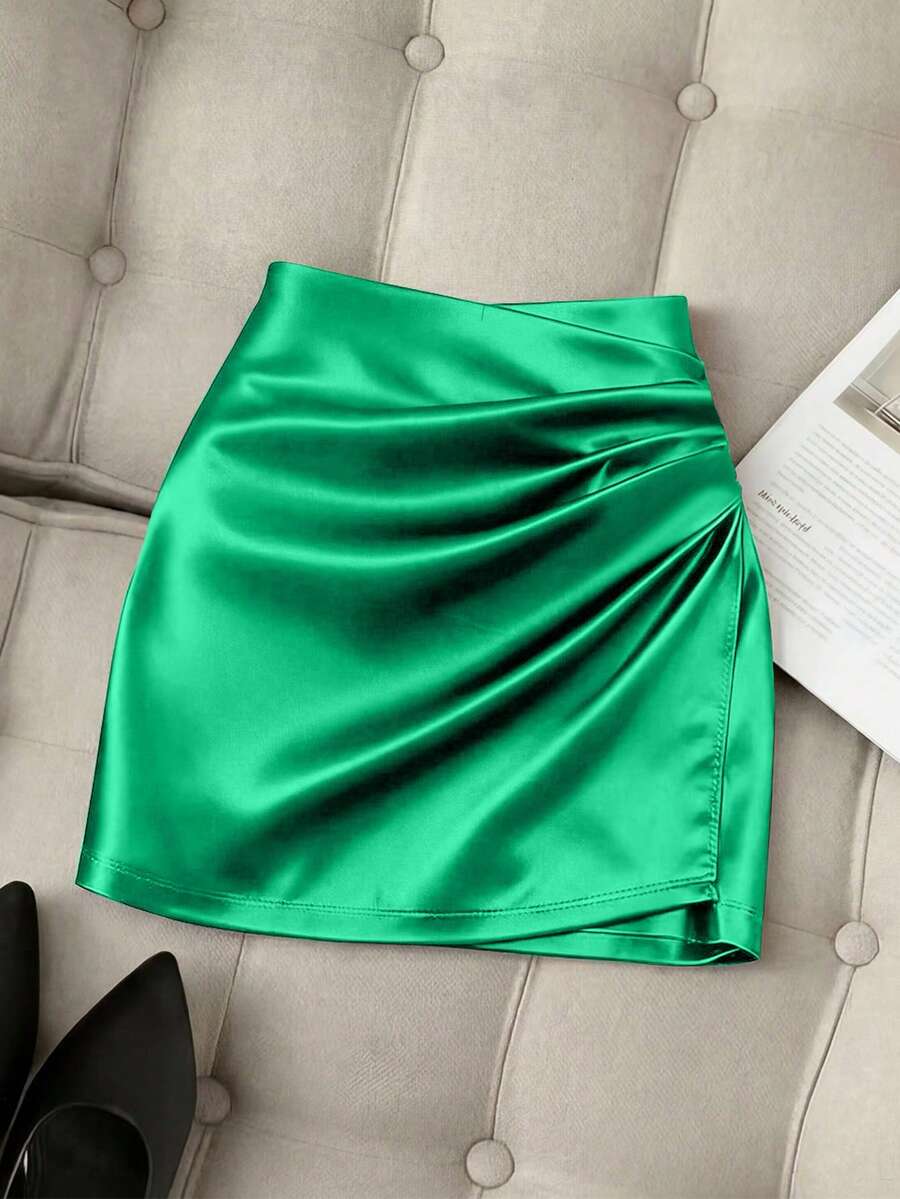 Franclia 时尚新款亮面不对称下摆高腰修身褶裥紧身半身裙,女士春夏款 - 綠色 - 查看 1