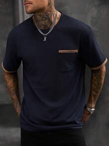 Manfinity CasualCool Kaos Kasual Pria Lengan Pendek Motif Waffle Warna Biru Tua Kontras untuk Musim Semi/Panas - Navy Blue - View 4