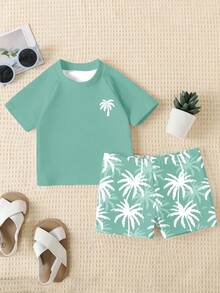 SHEIN Baby Boy Casual Simple Slim Fit Round Neck Short Sleeve Shorts Swimsuit Set Suitable For Summer - Multicolor - View 3