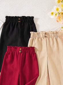 SHEIN Vintaside Kids 3-Piece Set Solid Color Baby Girl Casual Comfortable Versatile Button Wide-Leg Pants, Suitable For Daily Wear In Spring And Autumn, Outdoor - Multicolor - View 4