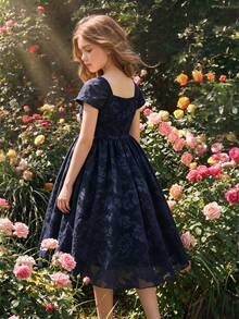 SHEIN Girls' Navy Blue Chiffon Cut-Out 3D Floral Pattern Dress, Elegant Elegant Long Dress With Side Design, Fashionable Spring/Summer Dress For Vacation, Graduation, Back To School, Wedding Season, Formal Parties And Events - Navy Blue - View 2