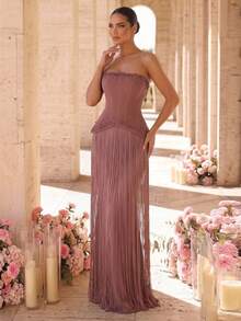 Glamrae Elegant Romantic Blush Pink Luxury Glittery Knit Strapless Bodycon Jumpsuit Dress Ruched Waist 2 In 1 Tassel Decor Gala Dinner Prom Night Formal Fall - Dusty Pink - View 7